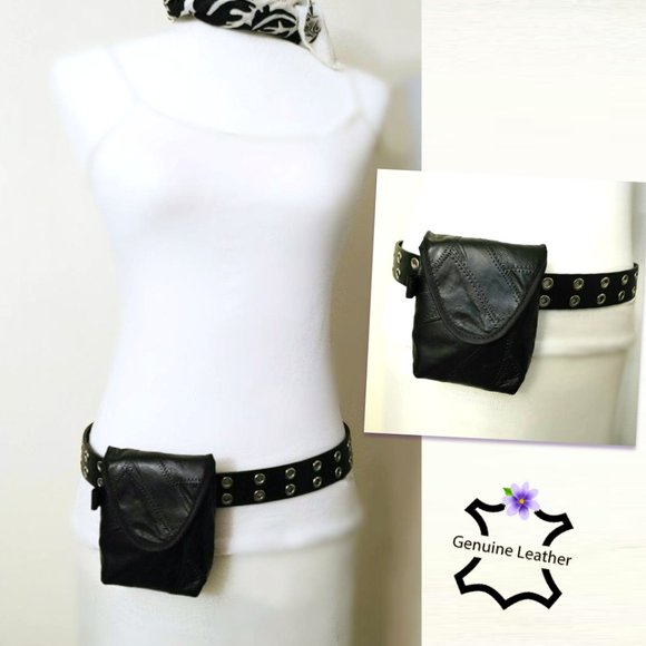 Soft Genuine Leather Belt Bag Black Patchwork Mini Waist Purse Flap Velcro NWOT - Picture 2 of 8